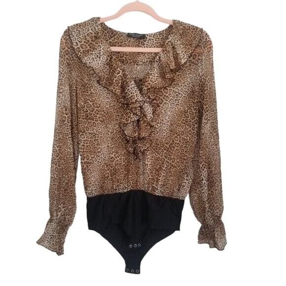 Zara Accessories Bodysuit Womens Small Brown Sheer Leopard Ruffled Animal Print - Picture 1 of 11